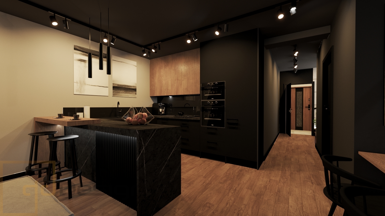 Salon z czarnym sufitem