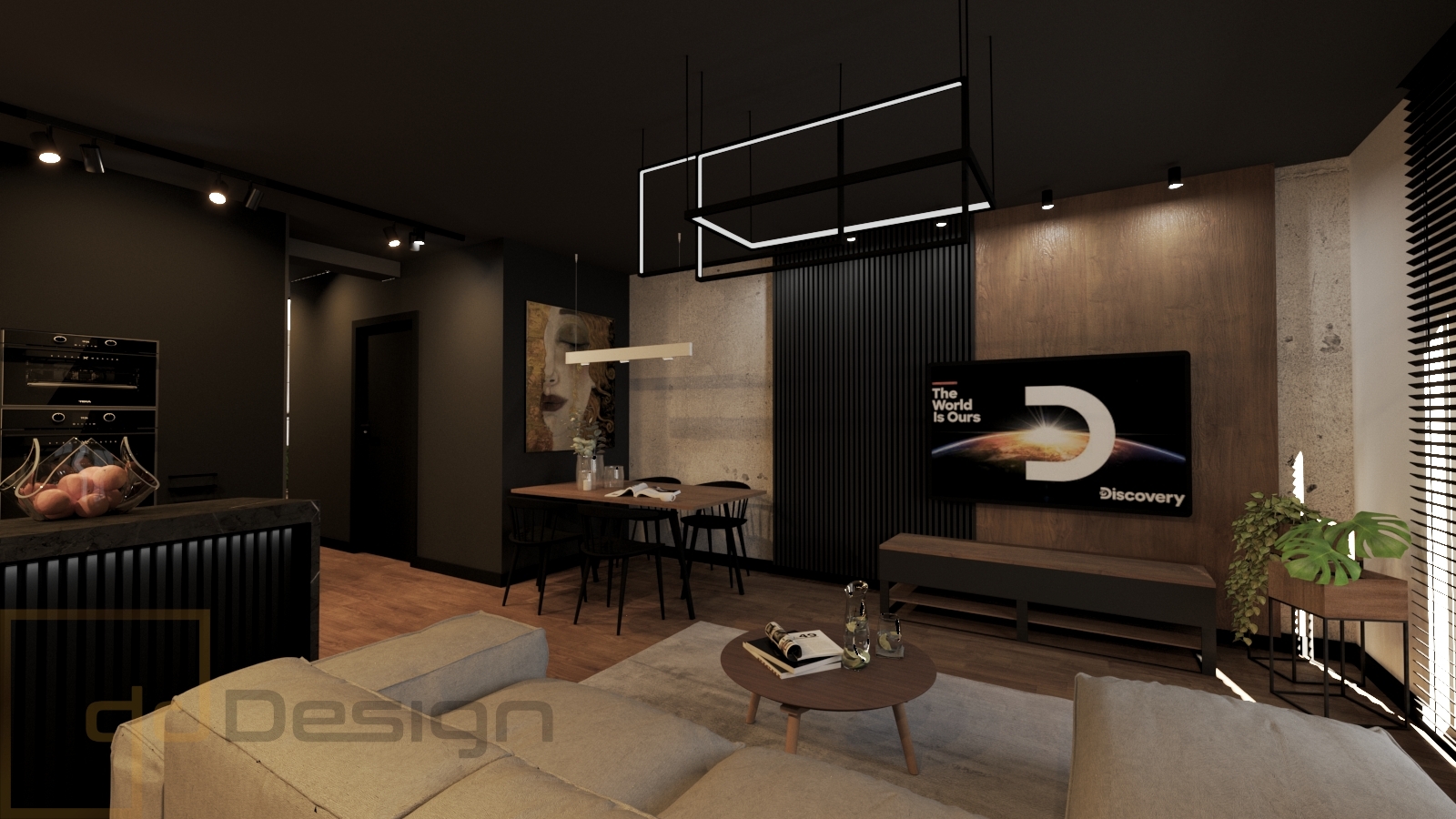 Salon z czarnym sufitem